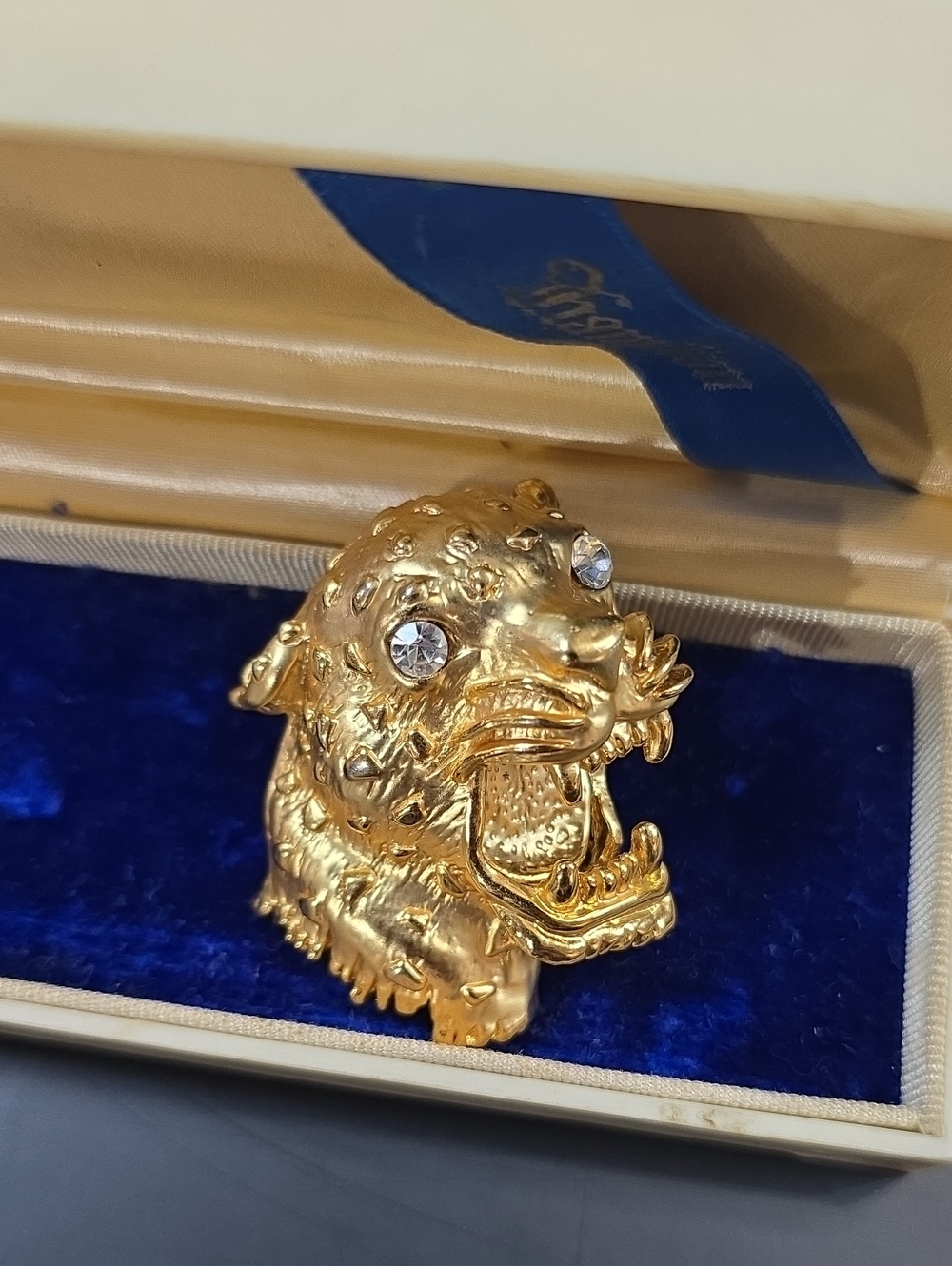 Vintage Roaring Leopard Cheetah Head Figural Brooch Rhinestone Eyes